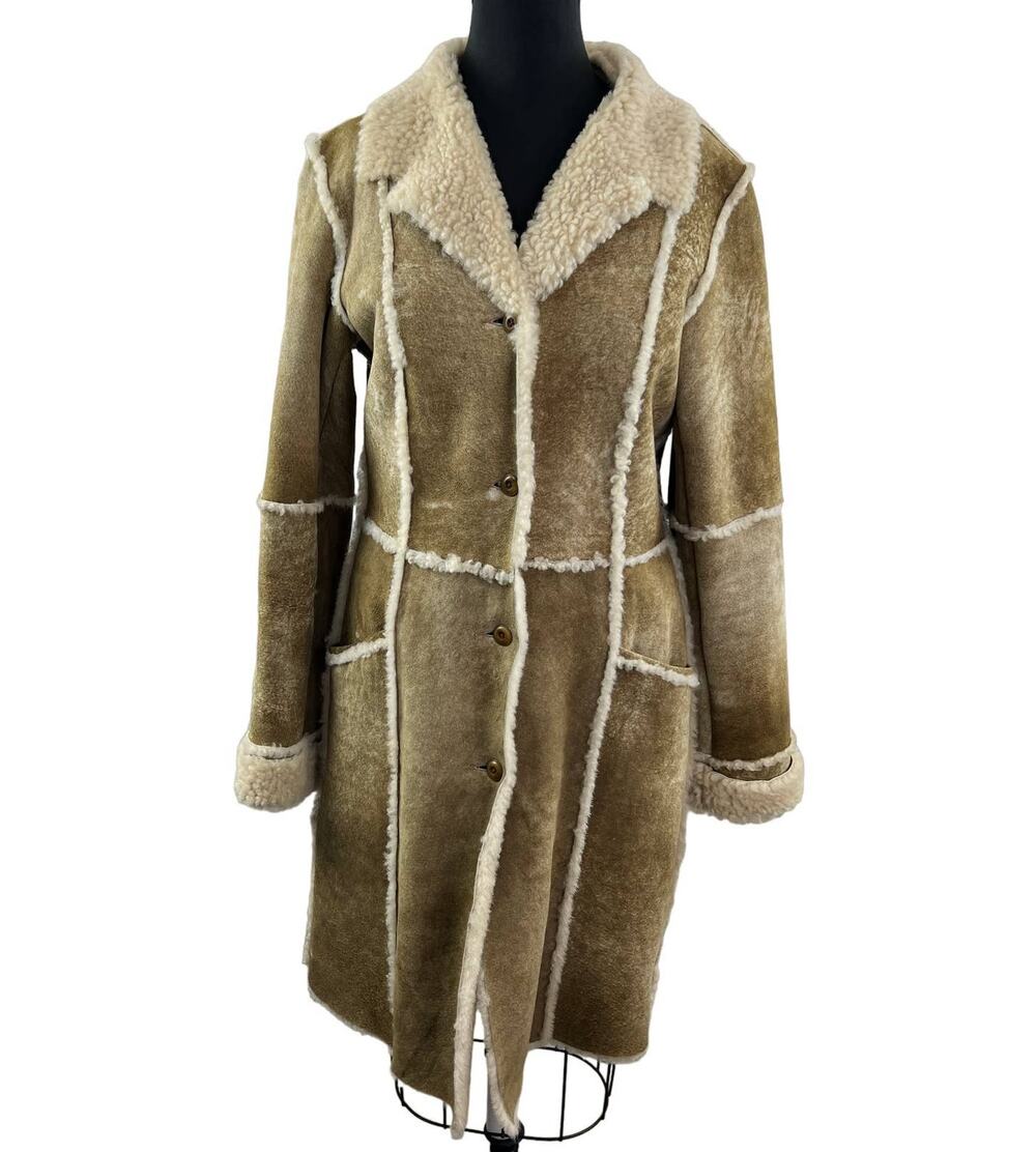 SUNDANCE Tan Suede Leather Sherpa Shearling Long Midi Coat Jacket Collar 12
